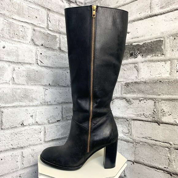 Jessica Shoes - Vintage Black Leather Exposed Gold Zipper Block Heel Knee High Tall Boots